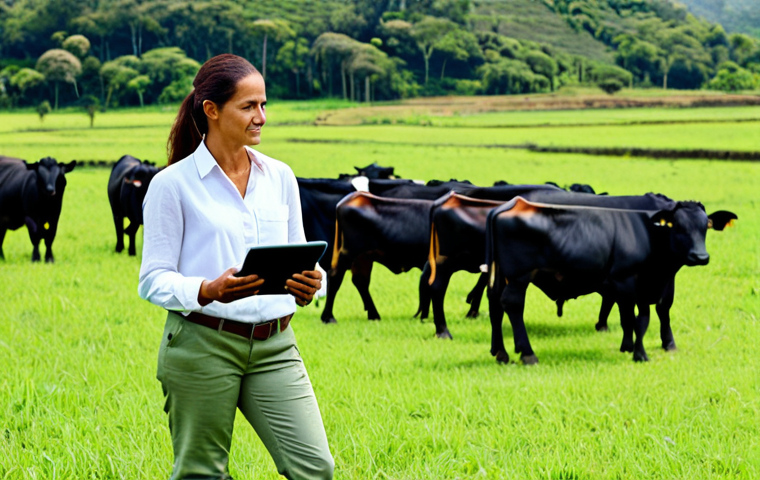 축산업 자격증 준비과정 - **
Prompt: "A successful Brazilian agronomist in her late 30s, wearing a light-colored linen blouse...