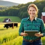 축산업 이직 성공 사례 - **Prompt:** A vibrant, sunlit scene depicting a successful modern livestock farmer, a woman in her l...