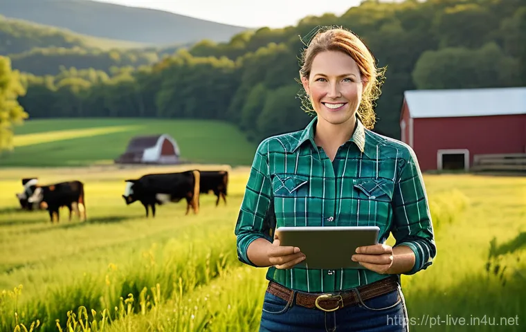 축산업 이직 성공 사례 - **Prompt:** A vibrant, sunlit scene depicting a successful modern livestock farmer, a woman in her l...